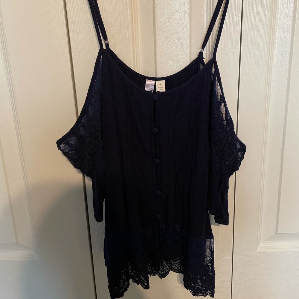 Francescas navy blue flowy off the shoulder top